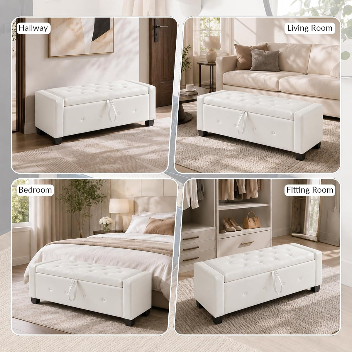 extrasleep 48" White Storage Ottoman Bench, Faux Leather Upholstered Tufted Ottoman, PU Bench for Bedroom Living Room Entryway Hallway, Large Leather End of Bed Benches, Lvory White