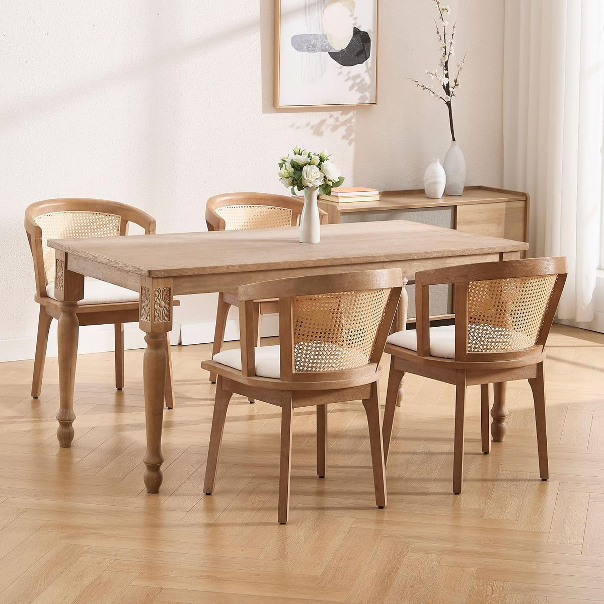 BESTANO Rattan Dining Chairs Set of 2, Mid Century Modern Farmhouse Wood Dining Room Chairs, Upholstered Comfortable Kitchen Dining Side Chair with Cane Woven Back, Beige Linen