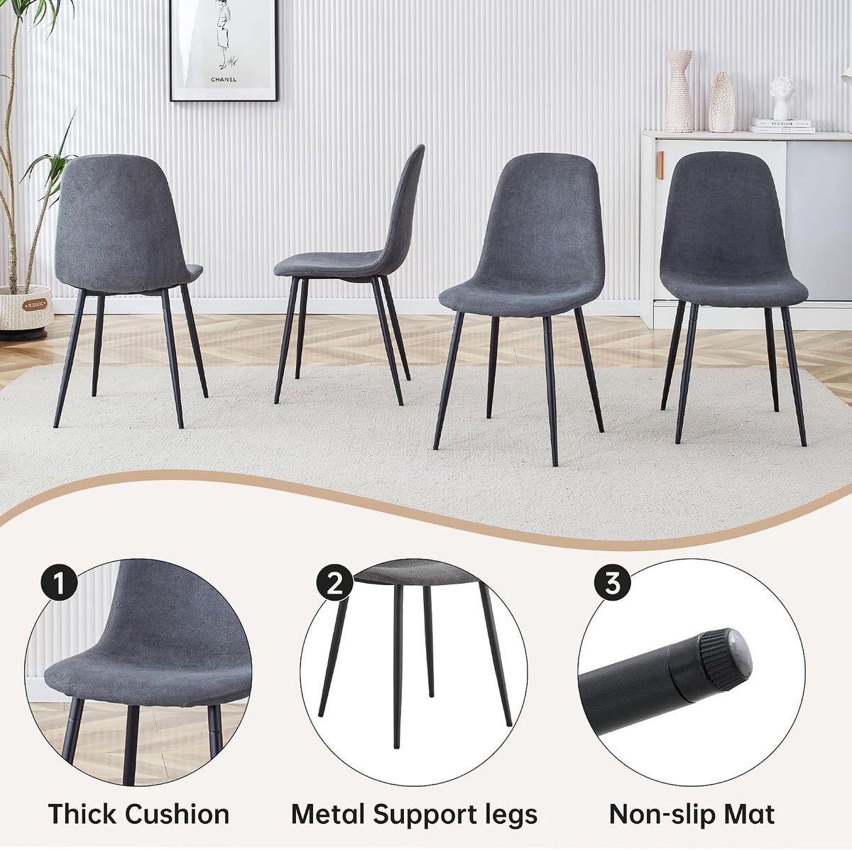 55" Black Dining Table Set for 6, 7 piece Modern Dining Table Set with Farbic Chairs, Farmhouse Kitchen Table Chairs Set of 6 Suit for Living Dining Room Furniture, Sturdy and Easy-to-Clean