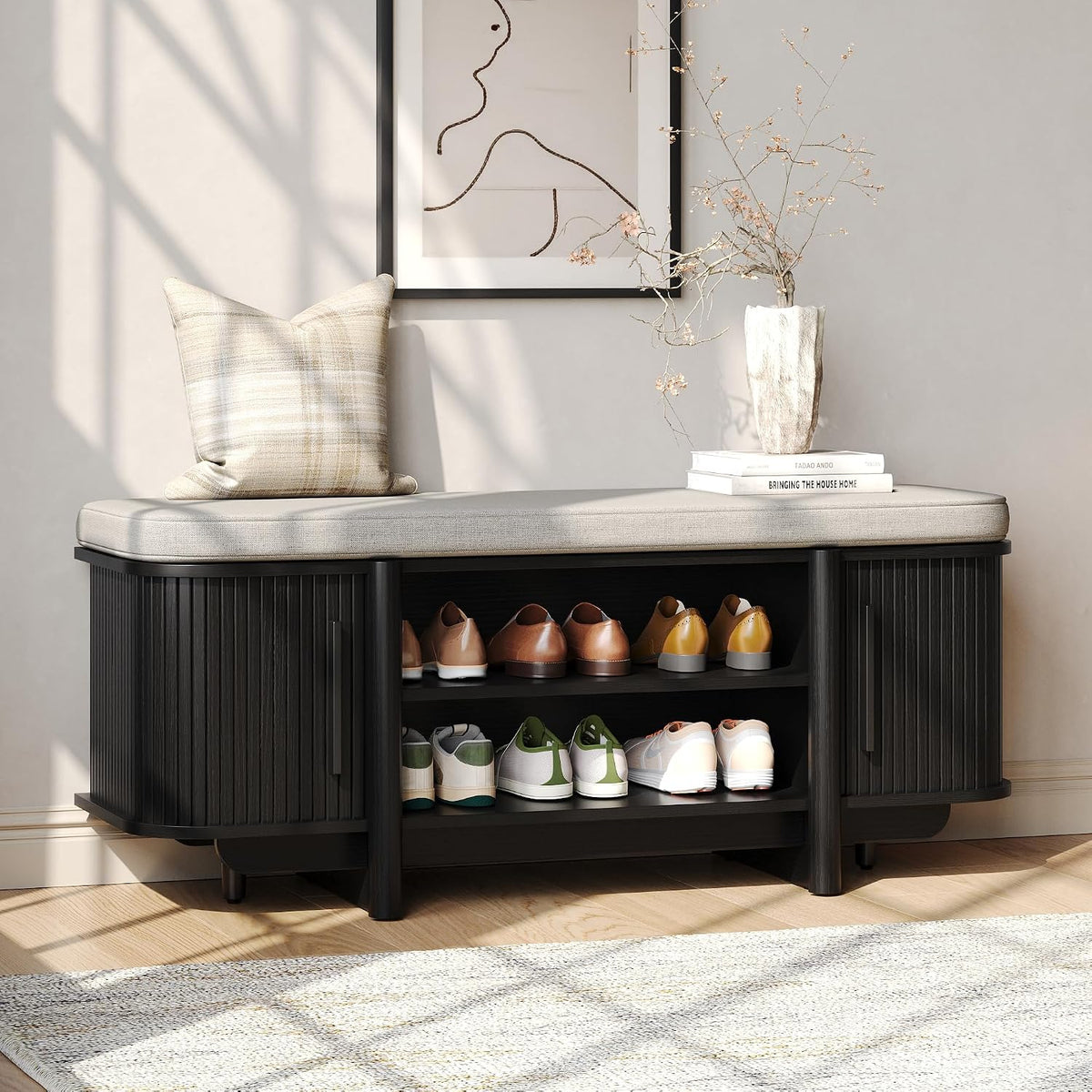 Maupvit Entryway Shoe Storage Bench with Sliding Doors, 2-Tier Upholstered Shoe Rack Bench with Hidden Storage, Wooden Shoe Organizer with Padded Cushion for Hallway, Mudroom, Bedroom, Black Finish