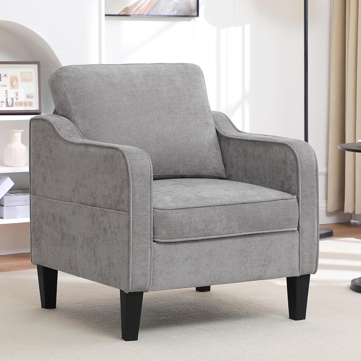 Accent Chairs Set of 2, Upholstered Living Room Chairs with Side Pockets, Mid Century Modern Reading Chair for Bedroom, Comfy Armchair Single Sofa Side Chair for Office, Small Room, Light Grey