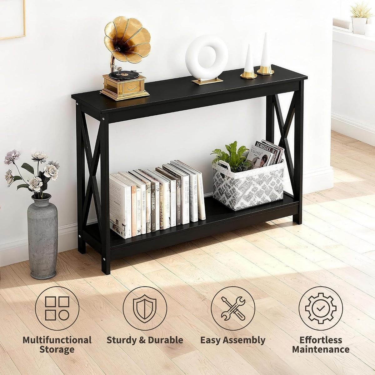 ZENY Console Table, Entryway Table, Narrow Sofa Table with 2-Tier Shelves, Entrance Table for Living Room, Entryway, Hallway, Foyer (Black, 11.8" D x 47" W x 31.7" H)
