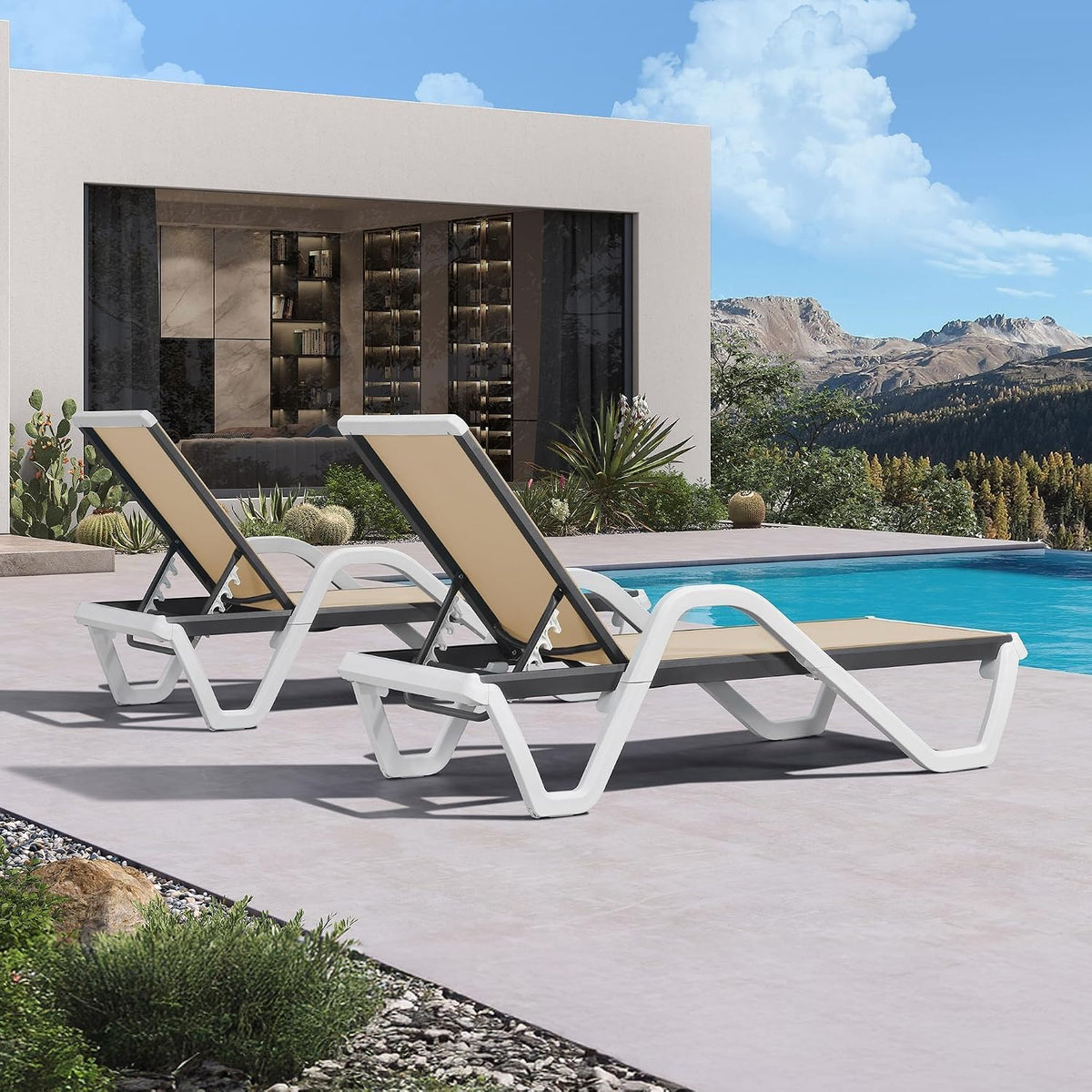 PURPLE LEAF Outdoor Chaise Lounge Set of 2 w/Armrest for Poolside, Khaki | Recline in 5 Positions, Lounge Freely with 400 lbs Support, Enjoy All-Day Cooling & Quick-Dry Comfort
