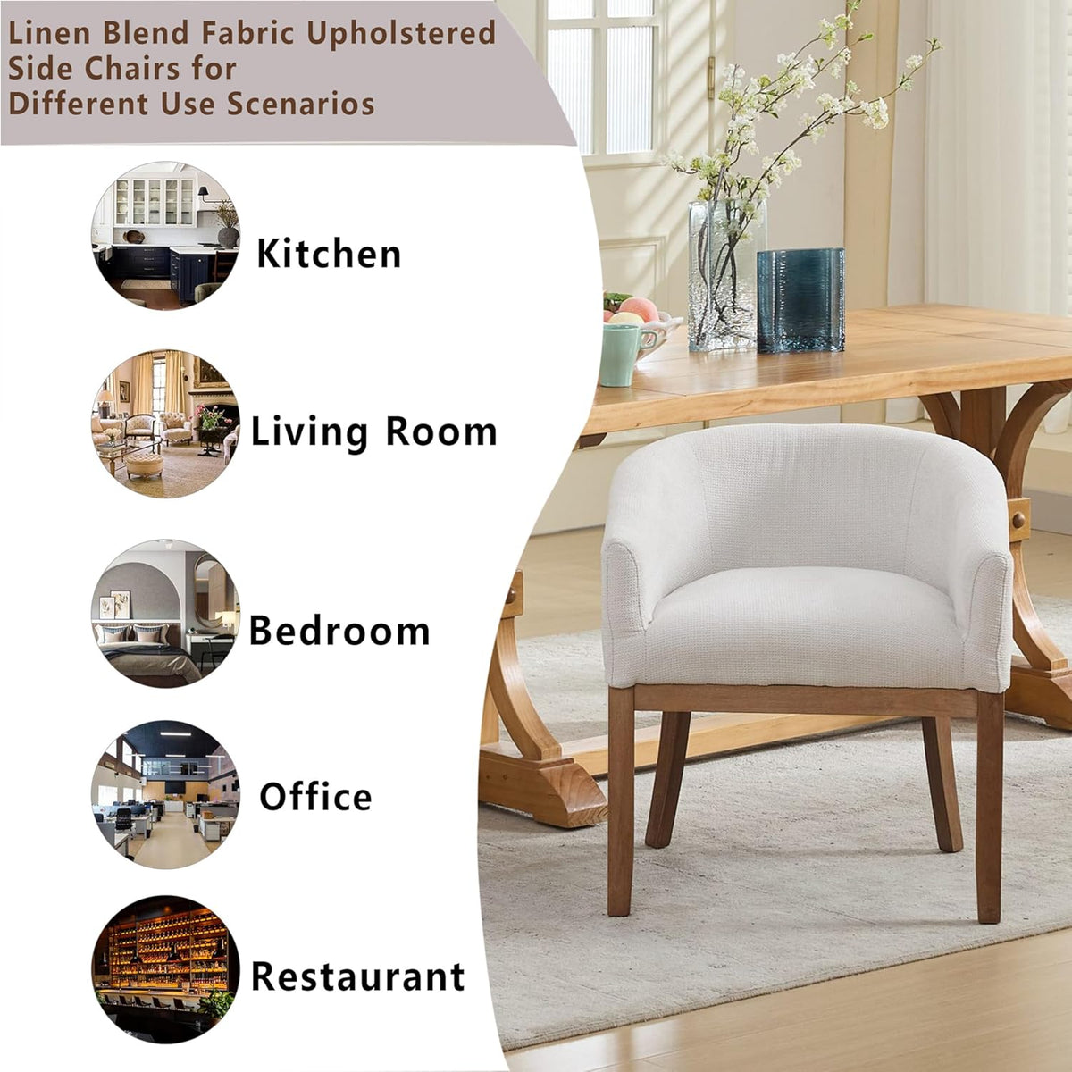 Upholstered Solid Wood Dining Chair,Neutral Linen Fabric Side Chairs for Kitchen,Dining Room,Living Room,Farmhouse Round Barrel Chairs,Minimalist Accent Chairs Natural Wood Frame (Beige, 1PC)