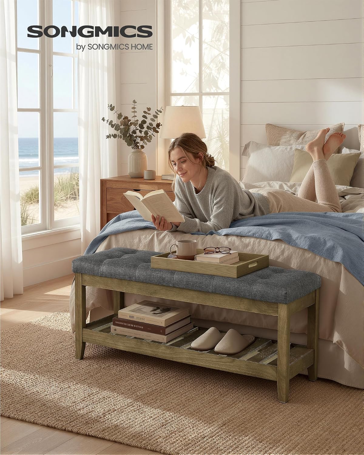 SONGMICS Storage Ottoman with Solid Wood Frame, 42.9 x 15.7 x 17.7 Inches | Rectangular Upholstered Bench, Footrest, Tufted Cushion, Easy Assembly, Slate Gray, MARY Collection ULSF009GN01