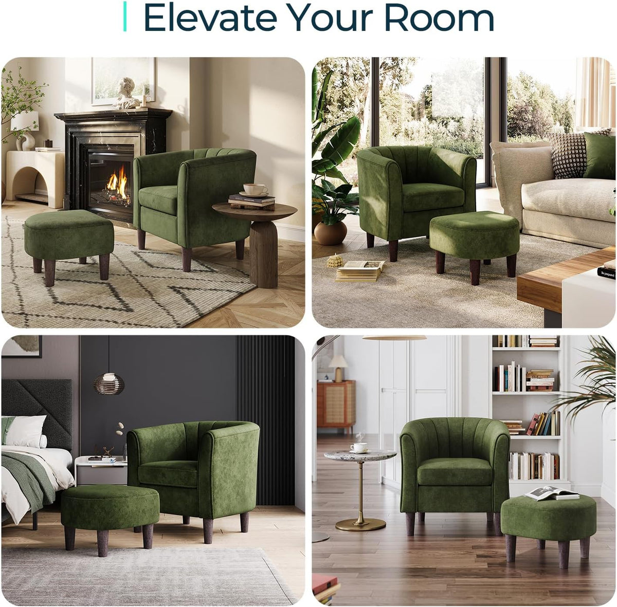 LINSY Accent Chair with Ottoman, Modern Barrel Chair Small Armchair Reading Chair with Footrest, Comfy Round Arms Chair for Living Room Bedroom Reading Room, Velvet, Olive Green