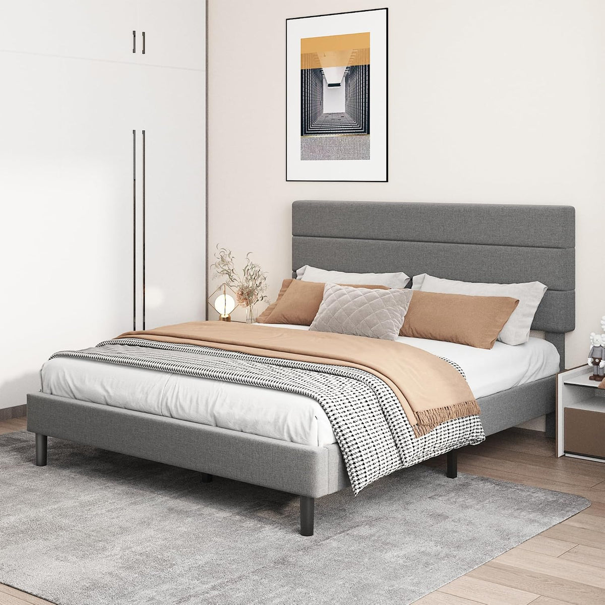 Queen Platform Bed Frame with Adjustable Linen Fabric Upholstered Headboard, Strong Slats Support, Noise-Free, No Box Spring Required, Easy Assembly for Bedroom Guest Room, Grey