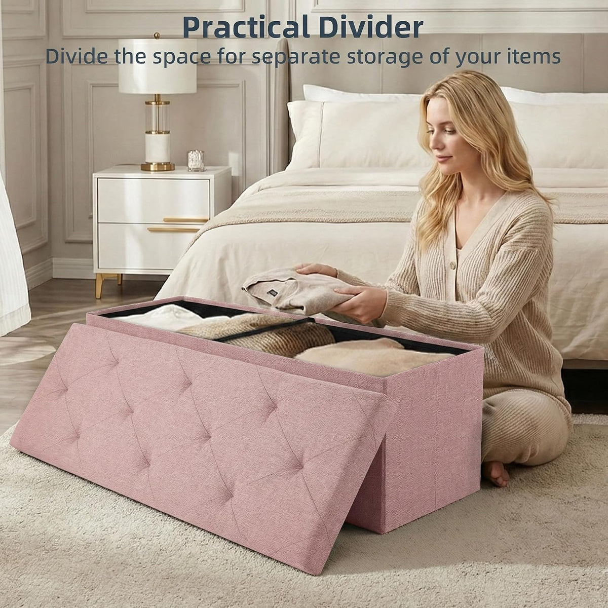 Foldable Storage Ottoman Bench, Storage Chest, End of Bed Foot Rest Stool with Padded Seat, 43 Inch Bedroom Bench for Living Room, Support 660lbs, Pink