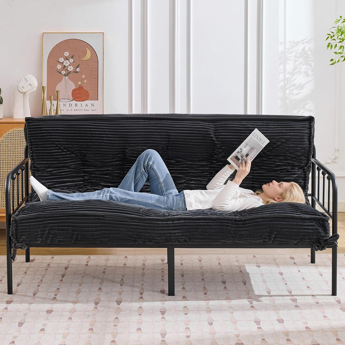 Futon Mattress Queen Size 8",Foldable Floor Mattress (Frame Not Included) | Futon Sofa Bed Thick High Density Shredded Foam,Medium Firm Japanese Style Sleeping Pad for Guest Bedroom Living,Black