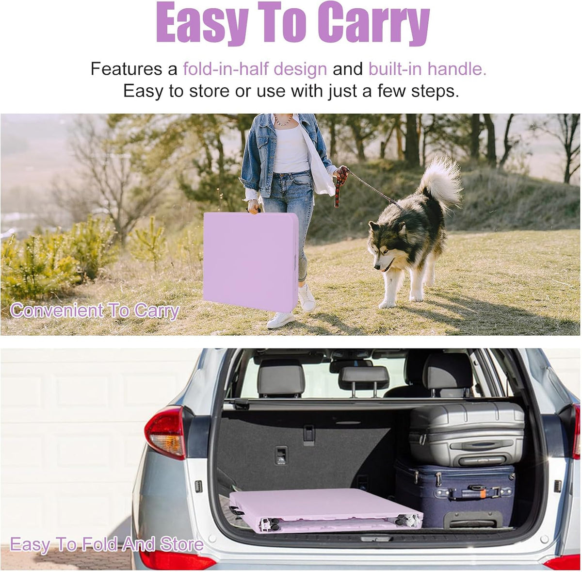 4 FT Folding Table with Carry Handle, Portable Fold-in-Half Plastic Table, Rectangle Foldable Table for Indoor/Outdoor Light Purple