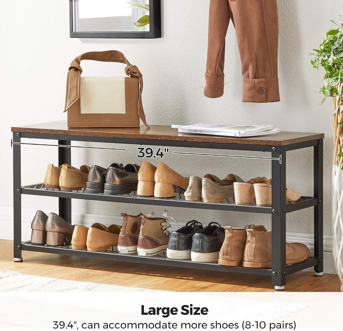 VASAGLE 3-Tier Shoe Rack, Shelf Storage Bench with Metal Mesh Shelves and Seat, Free Standing Shoe Organizer for Entryway, 11.8 x 39.4 x 17.7 Inches, Rustic Brown and Black ULBS078B01