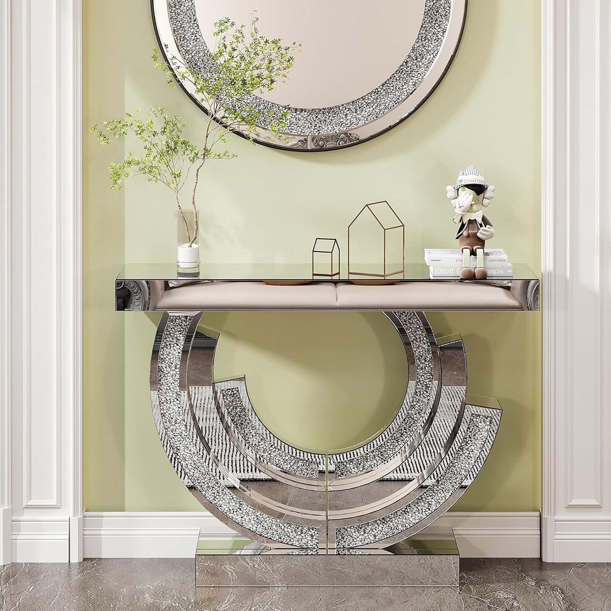 SSLine Mirror Console Table for Living Room 43" Modern Mirrored Entryway Table with Crystal 3-Ring Shape Base Luxury Silver Foyer Tables for Entryway Hallway