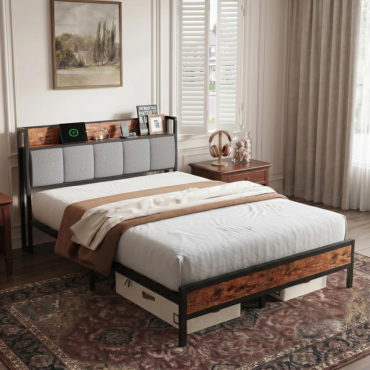 Novilla Queen Bed Frame with Charging Station & Storage Headboard, Modern Upholstered Platform Bed Frame, Heavy Duty Metal Slats, Noise Free, No Box Spring Needed