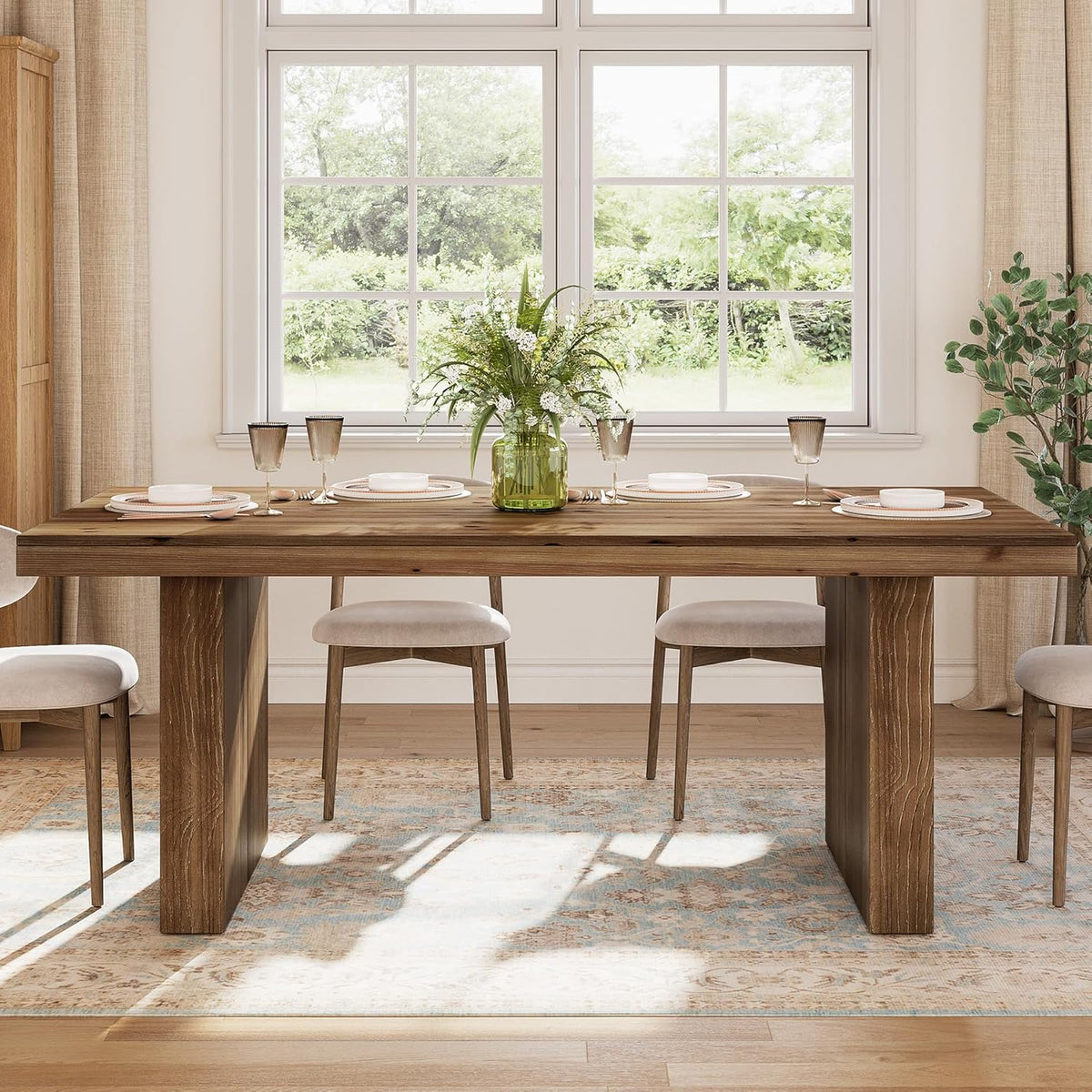 63" Solid Wood Dining Table for 4-6 People, Farmhouse Rectangle Kitchen Dinner Table with Wooden Heavy-Duty Legs for Dining Room, Kitchen, Simple Style & Easy Assembly (Dark Brown)
