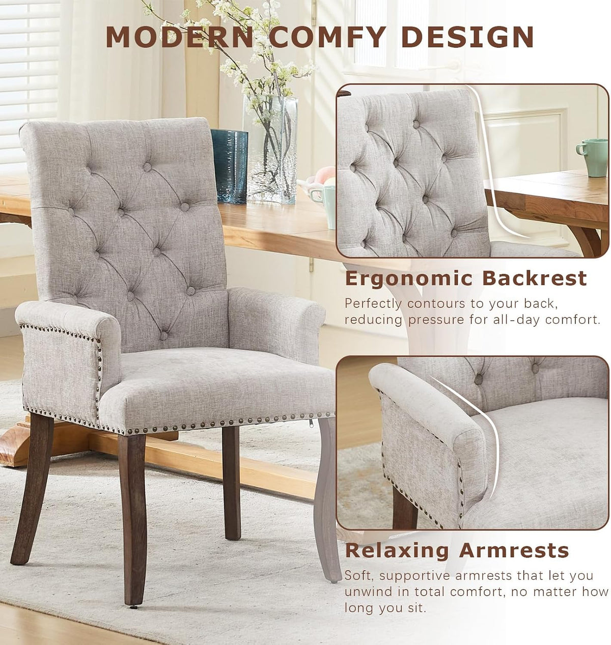SoarFlash Chenille Dining Chairs Set of 2, Tall Back Side Chair,Modern Upholstered High-end Tufted Side Chair with Armrest, Solid Wood Leg, Beige