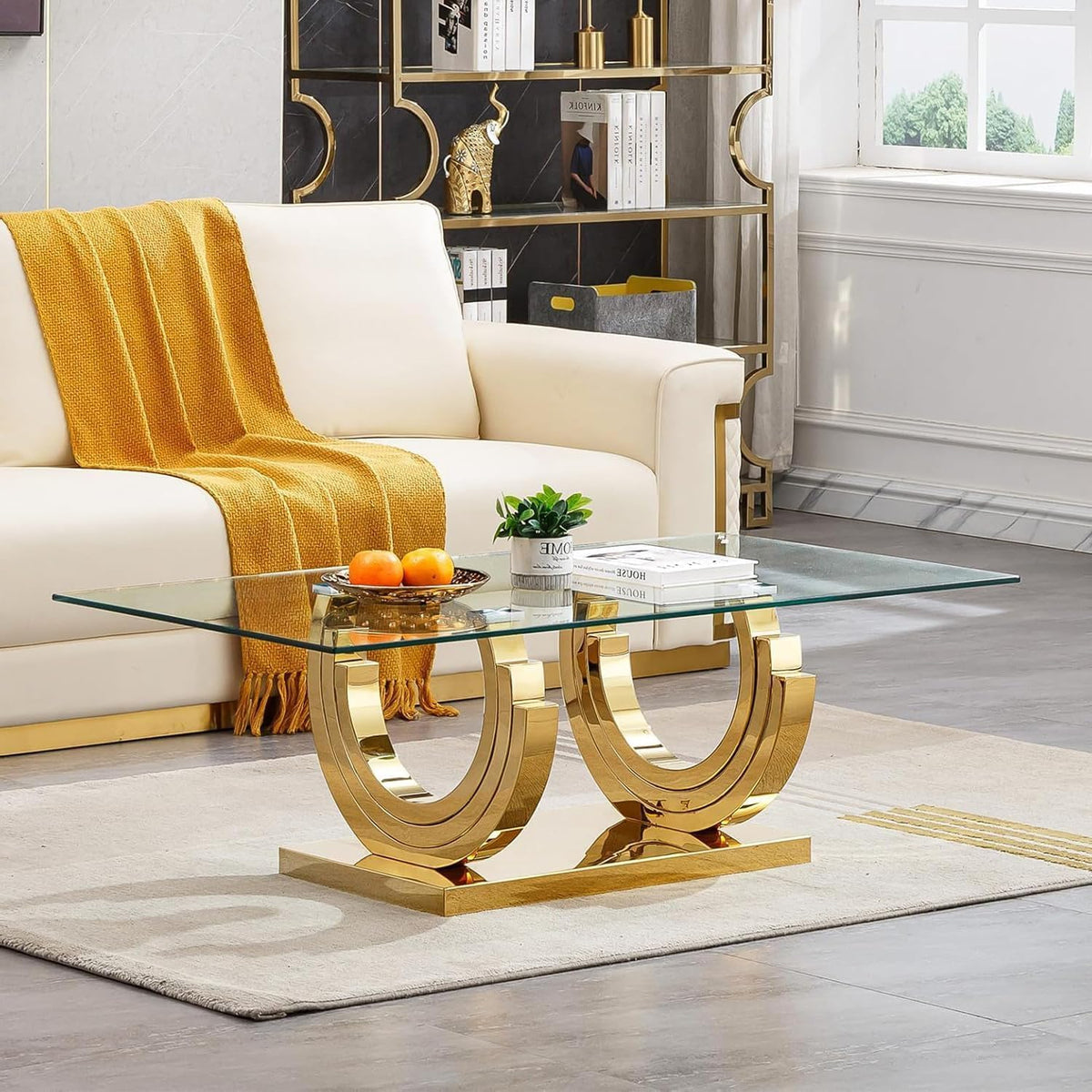 3 Piece Living Room Table Set, Rectangle Tempered Glass Coffee Table, End Tables, Console Table, Luxury Modern Clear Coffee Table Set of 3 with Gold Steel Base for Living Room, Apartment