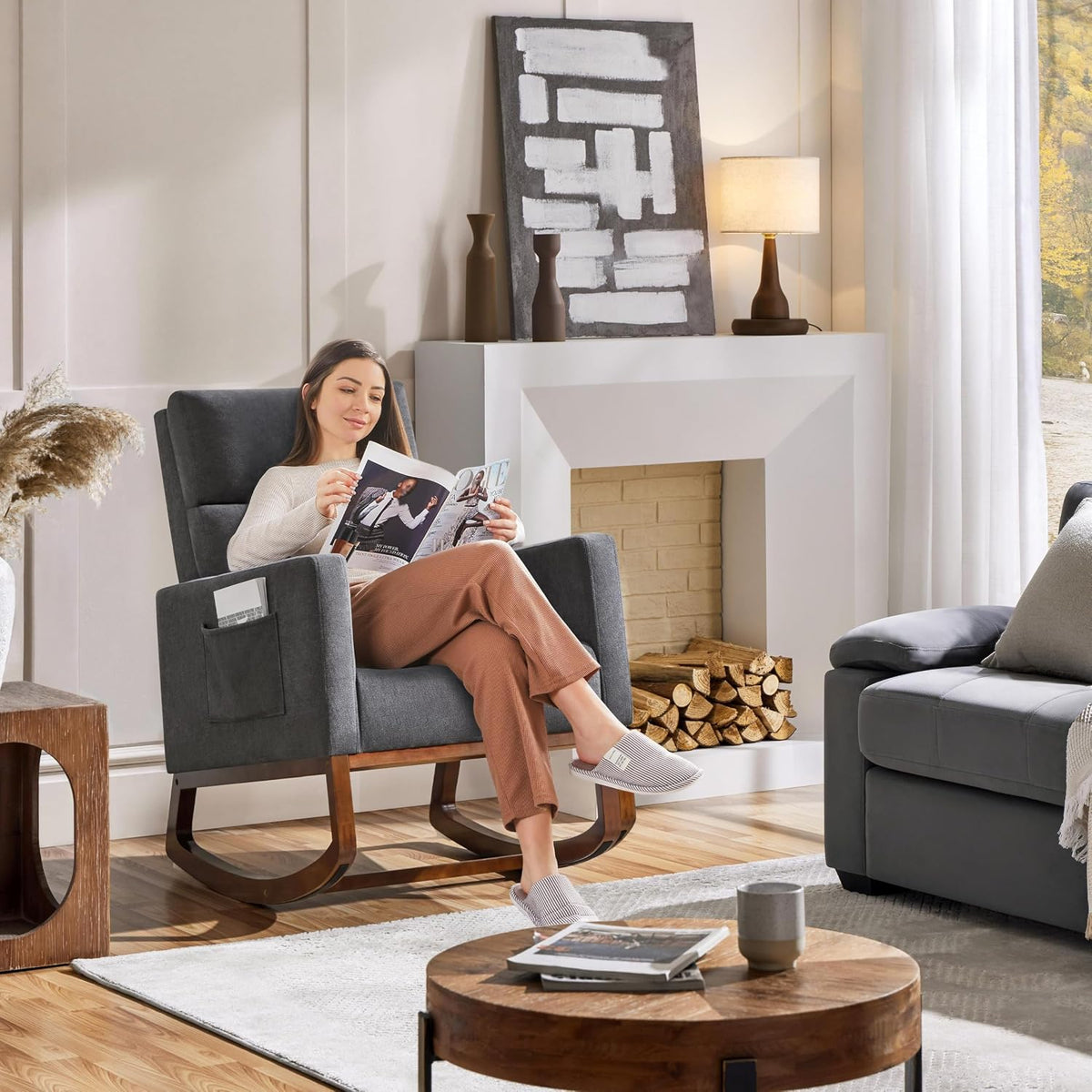 Yaheetech 28in Wide Padded High Back Glider Rocking Chair, Gray Polyester | High Back Nursing Chair with Side Pockets, Thick Foam Glider Chair, Rubberwood Base, Leisure Rocker for Living Room Bedroom