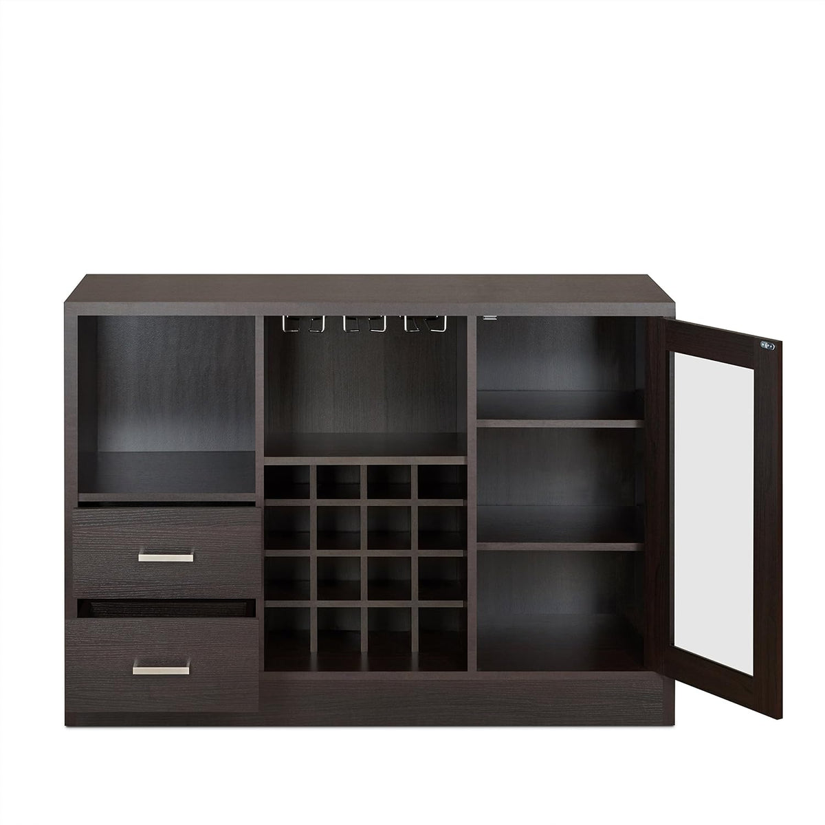 Knocbel Wooden Storage Wine Cabinet with Glass Door and 2 Interior Shelves, Console Table Buffet Sideboard Server with Drawers and Open Compartments for Kitchen 16" D x 47" W x 33" H Espresso
