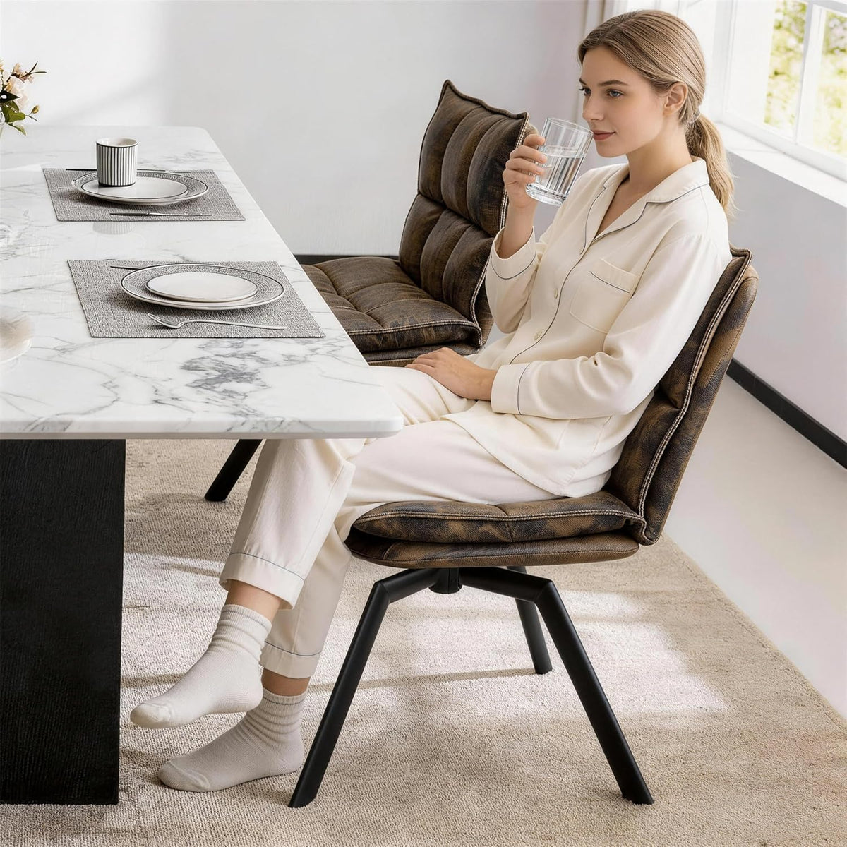 KEEZY Swivel Dining Chairs Set of 2, Mid-Century Modern Chairs with PU Leather, High Back with High-Density Stuffed PP Cotton & Automatic Swivel Metal Legs, Suitable for Kitchen & Living Room(Brown)