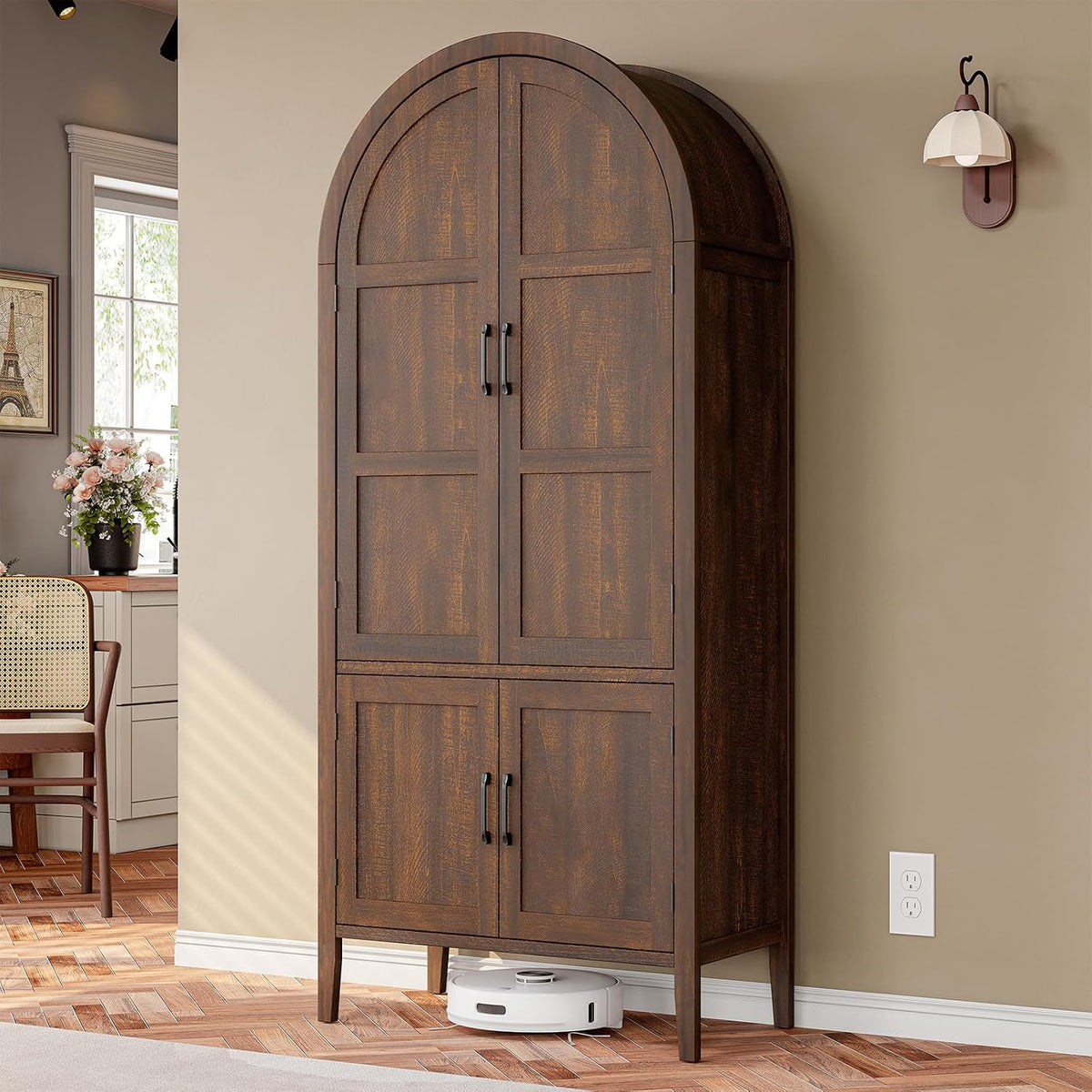 ONBRILL 71" Tall Wooden Arched Cabinet, 5-Tier Arched Kitchen Pantry Cabinet with Doors & Shelves, Farmhouse Kitchen Arch Cabinets with Adjustable Feet, Wooden Pantry Storage for Dining Room(Brown)