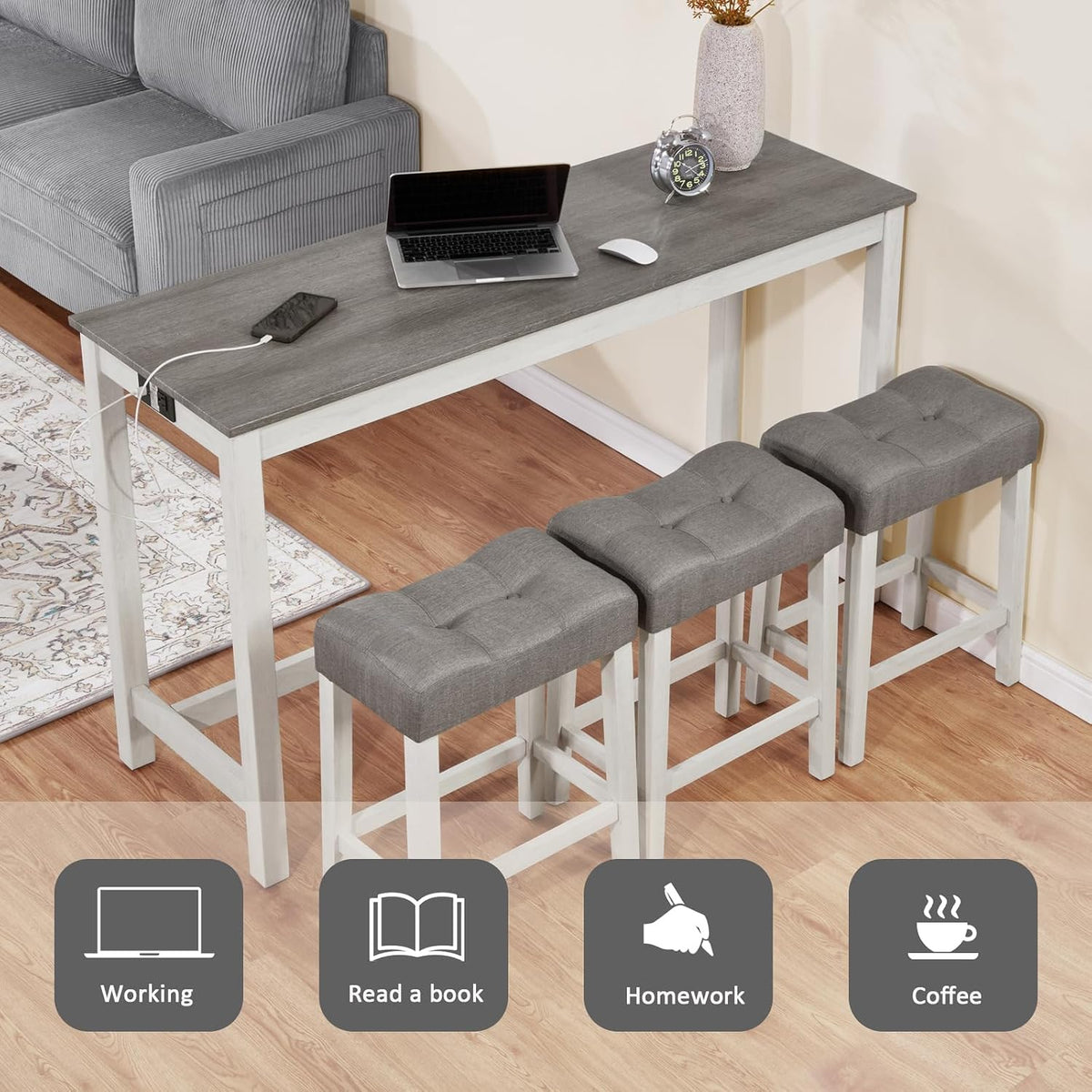 LKTART Bar Table and Chairs Set, 4 Piece Counter Height Bar Table Set with Power Outlet and 3 Upholstered Stools, Industrial Breakfast Table for Living Room, White & Grey