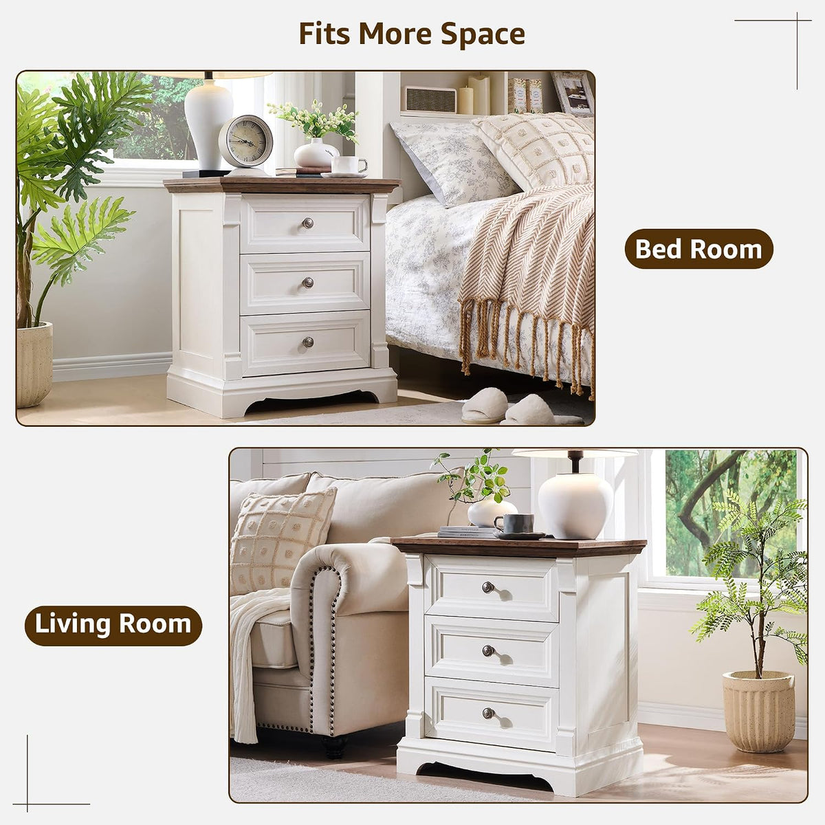Farmhouse 26"H Nightstand Set of 2, 23.6"W End Table with Charging Station | 3 Drawers Storage, Wood Side Table w/Roman Column, Bedside Cabinet for Bedroom, Living Room, Antique White