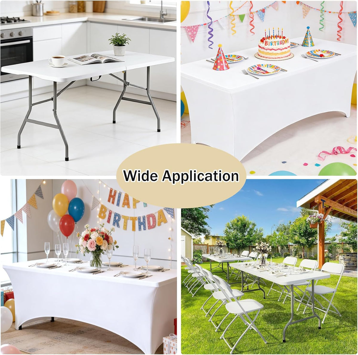1 Set 6 FT Rectangle Folding Table with Carrying Handle, Lightweight Fold-in-Half Utility Table, with Matching White Stretch Spandex Covers, Ideal for Weddings, Parties, Camping, Banquets.