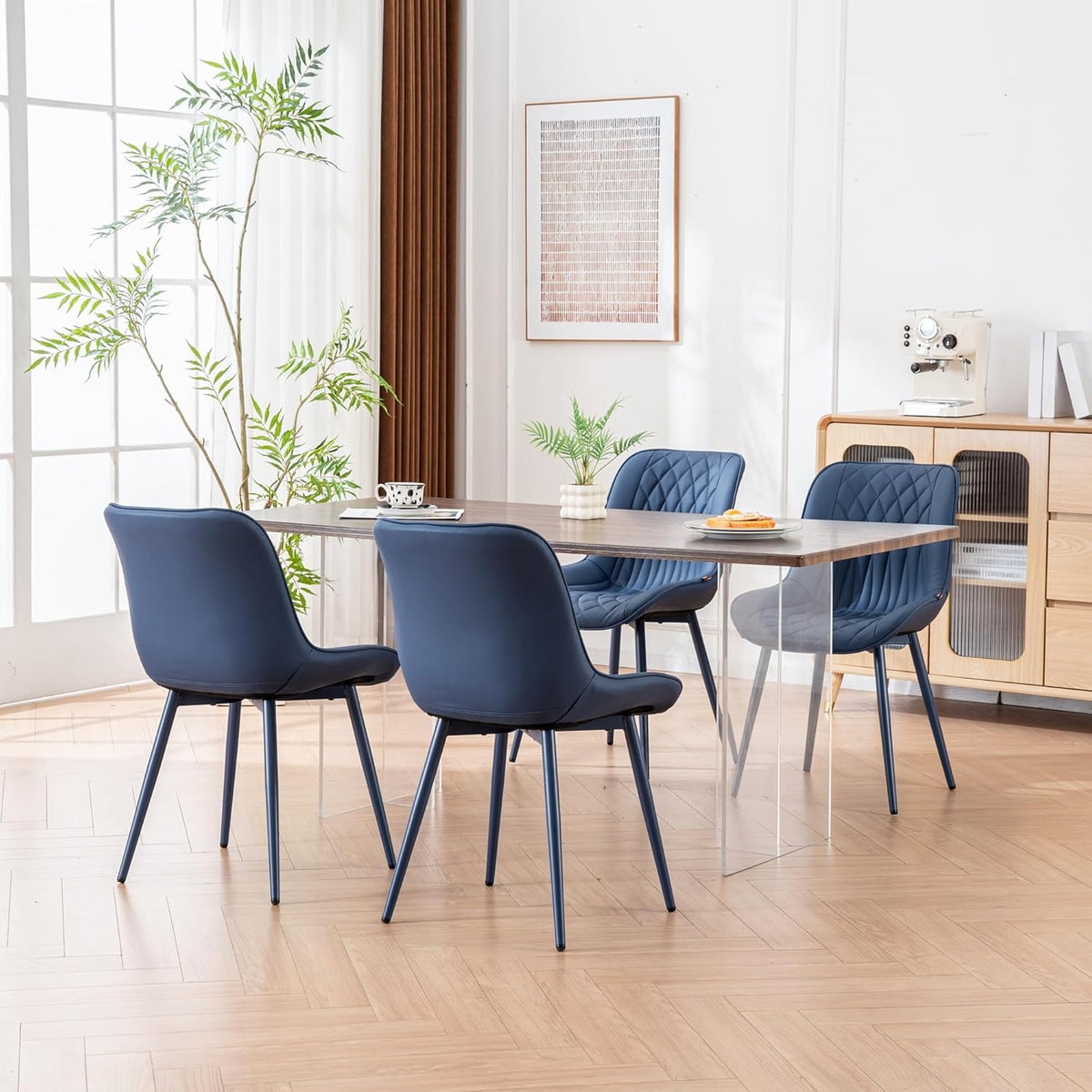 YOUNIKE Faux Leather Dining Chairs Set of 2 Mid-Century Modern High Padded Back Comfy Upholstered Kitchen Chairs with Metal Legs Wide Seat Accent Side Chair for Dining/Living/Waiting Room Navy Blue