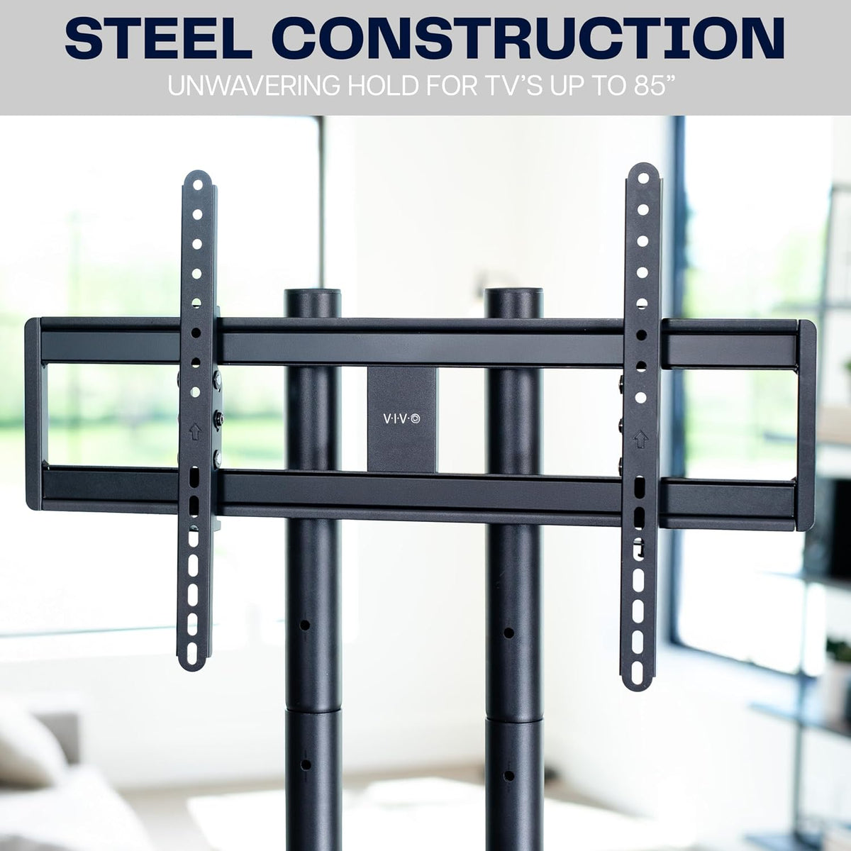 VIVO Dual-Column TV Floor Stand for 32” to 85” Screens with Heavy Duty Base, Tilting Mount with 5 Set Height Adjustments, Black and Dark Walnut, STAND-TV85JS