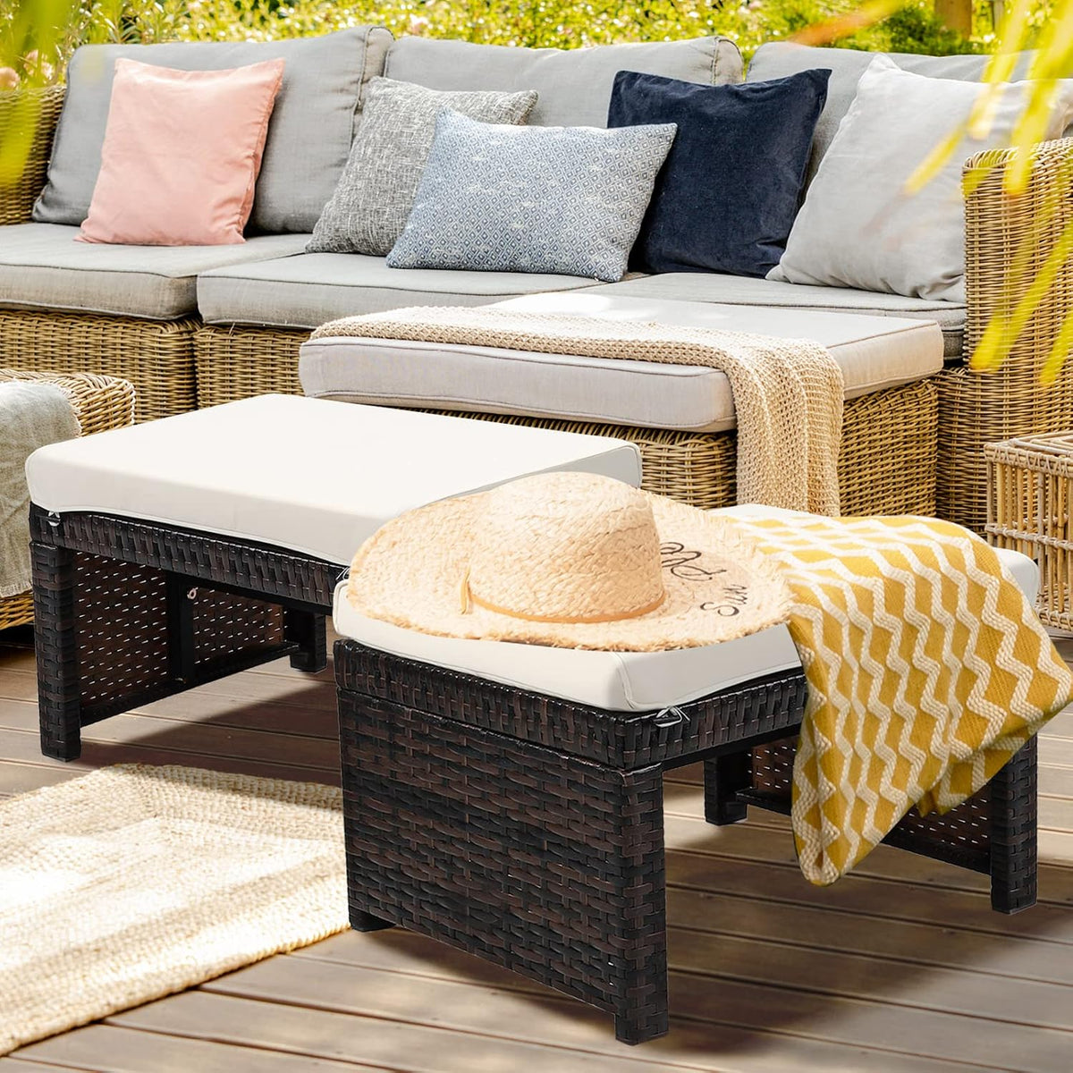 2-Piece Wicker Ottomans, Outdoor Rattan Foot Rest Set of 2 w/Removable Cushions, Multipurpose Foot Stool, Side Table & Additional Seating for Patio, Backyard & Poolside (Off White)
