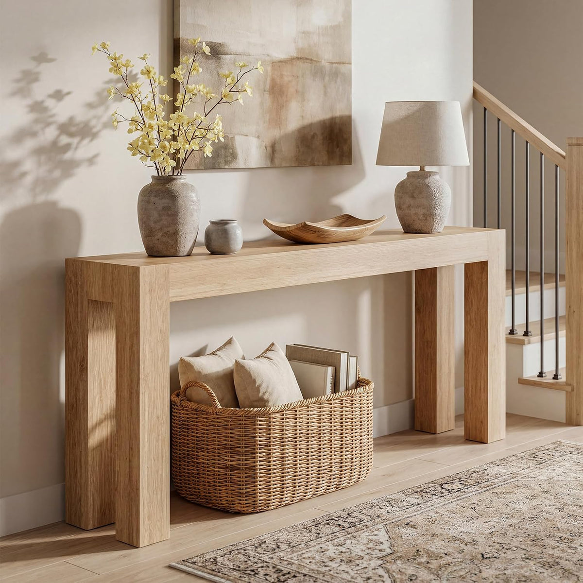 86.75" Extra Long Console Table for Entryway, Narrow Entryway Table | 11.75" Narrow Behind Couch Table, Long Tabletop, Wood Grain, Farmhouse Sofa Table for Living Room Hallway, Oak
