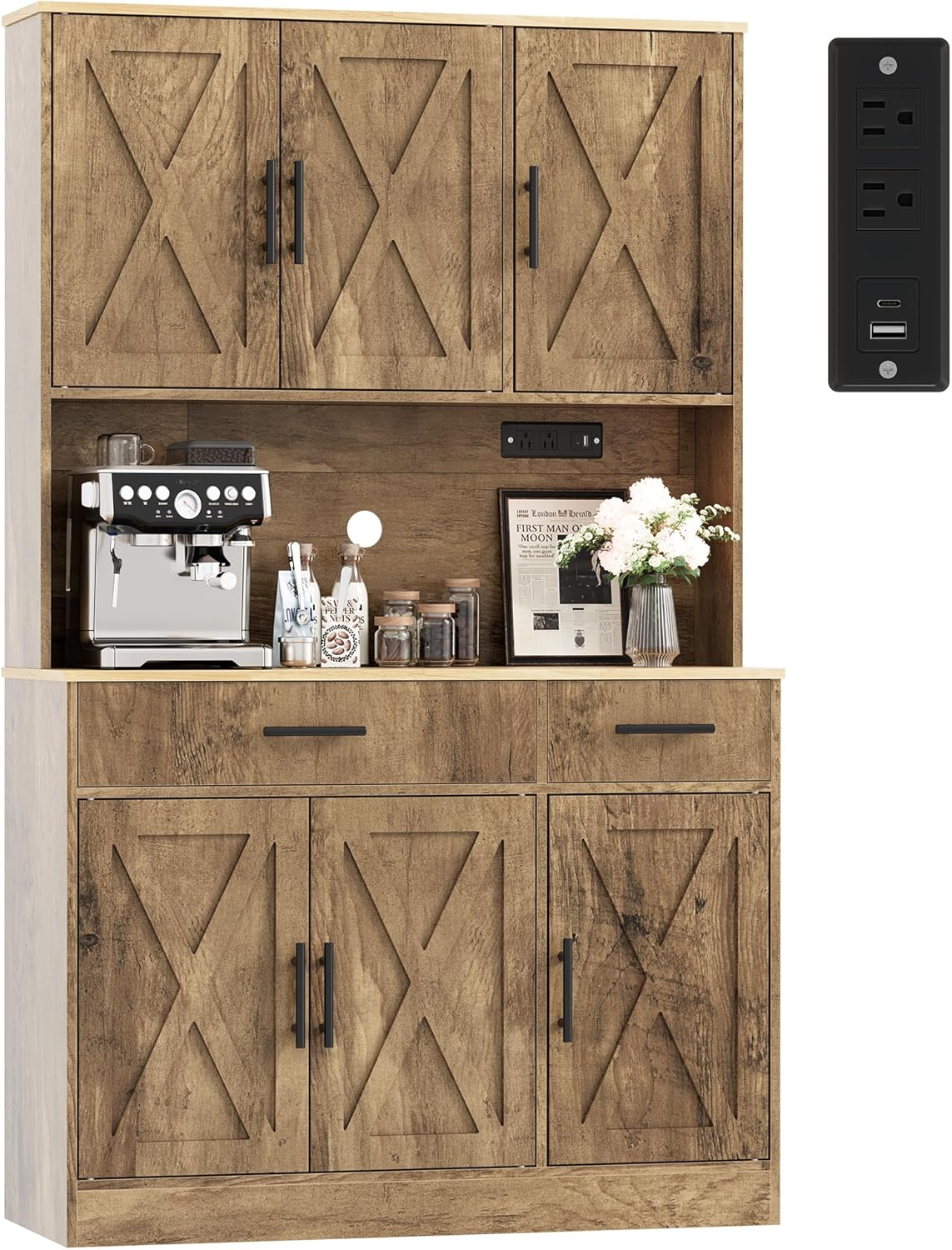 Vongrasig Farmhouse Pantry Cabinet with Charging Station, Tall Kitchen Pantry with Microwave Stand, Storage Drawers & Shelves, Large Kitchen Hutch for Living Room, Dining Room, Rustic Brown