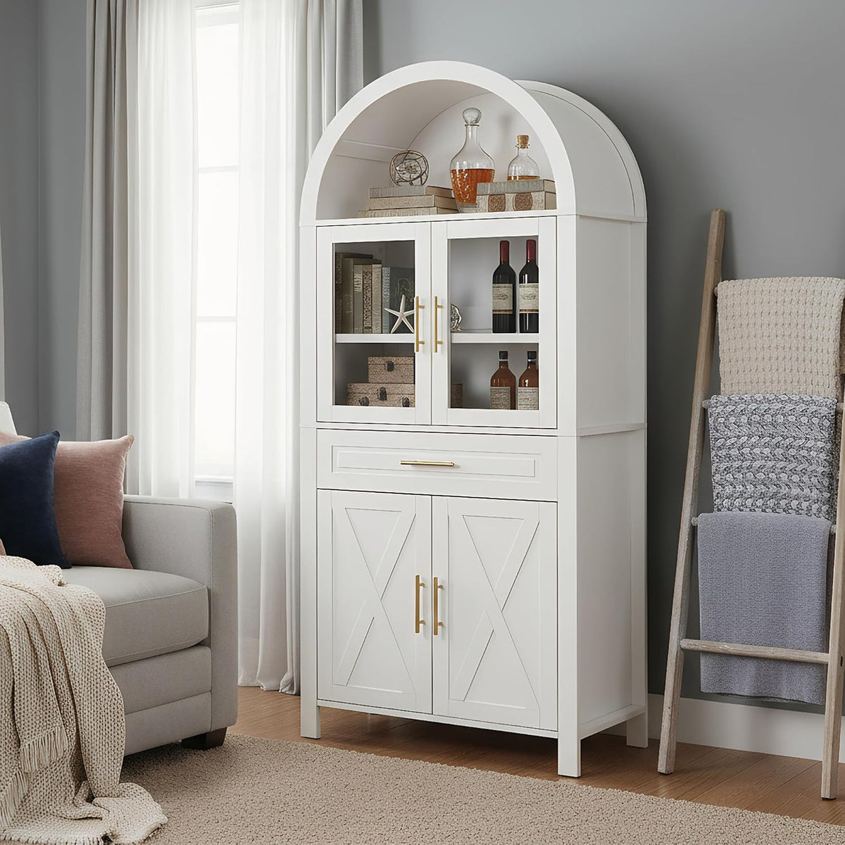 MERITLINE Farmhouse Style Arched Pantry Cabinet - 71" Tall Storage Cabinet with Glass Door, Adjustable Shelves & Barn Door Design for Kitchen, Dining or Living Room (White)