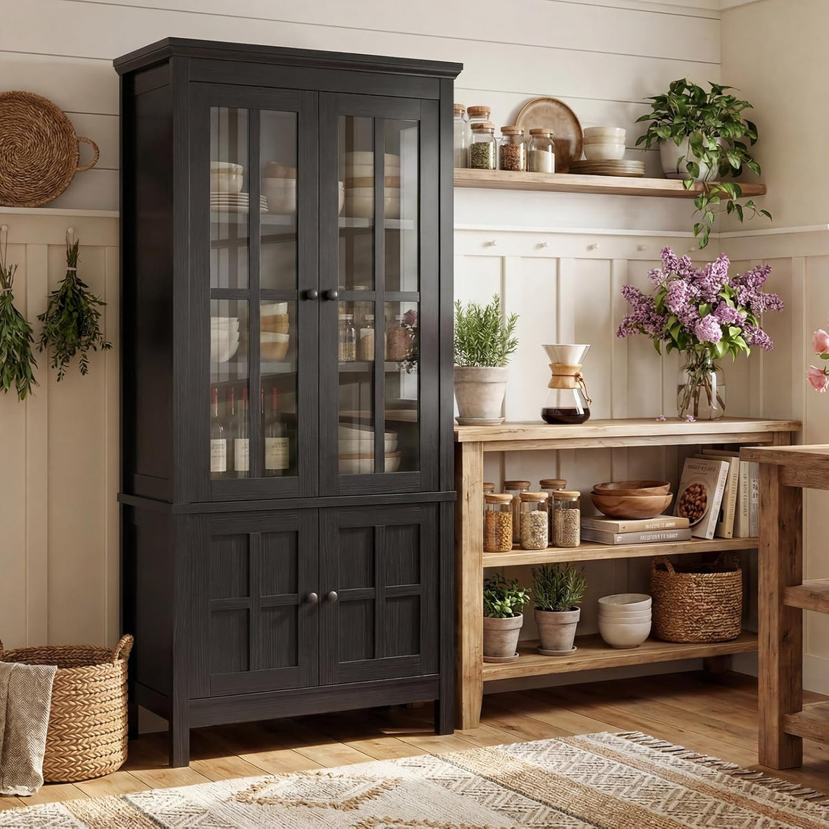 Farmhouse 63" Kitchen Pantry Storage Cabinet with Glass Doors & Hidden Storage, Display Kitchen Hutch Cupboard with Adjustable Shelves for Dining Room, Living Room Home Office