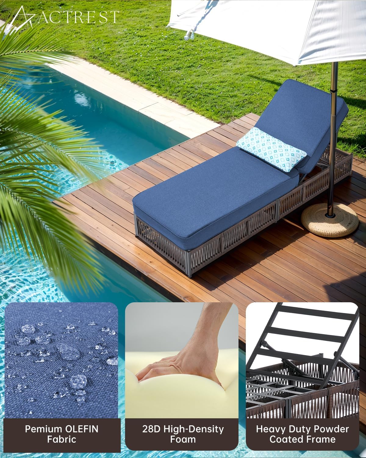 Luxury Outdoor Chaise Lounges with 5 Inch Thickened Cushions - Set of 2 High Back Brown Wicker Patio Recliners Rattan Reclining Chairs Porch Poolside Pool Sunbathing Lounger - Navy Blue