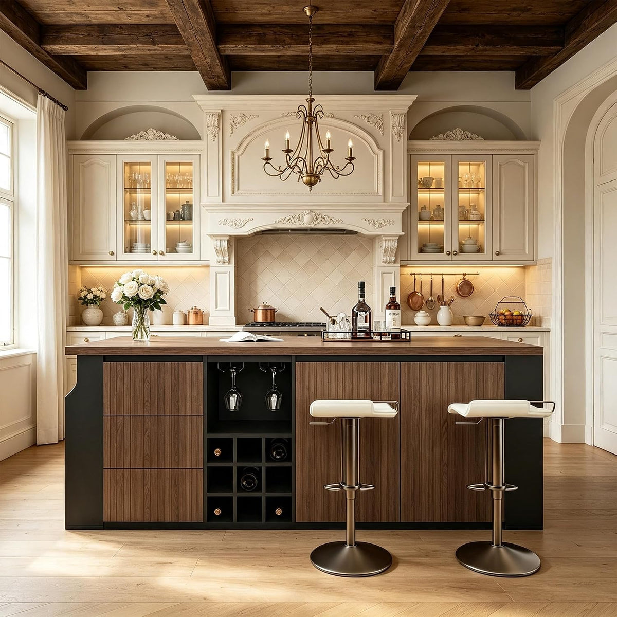 71" Kitchen Island with 3 Drawers, Wine Rack & Side Storage,Walnut | Dual-door cabinet, adjustable shelves. Glass holders & side rack for storage. Durable, wear-resistant top. Fits dining & prep