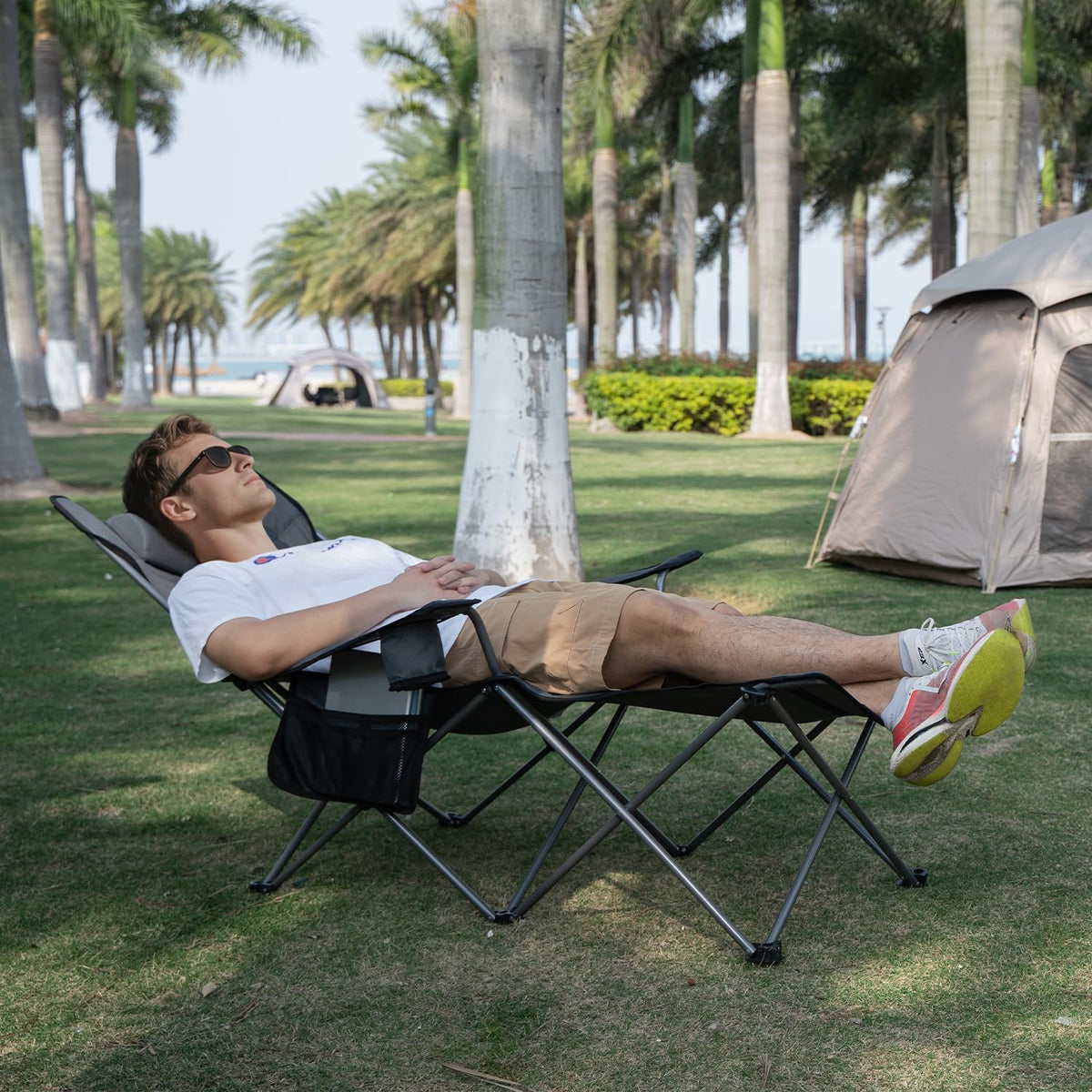 apollo walker Reclining Beach Chair, Adjustable 90-135° Backrest Camping Lounge Chairs for Adults, Folding Chair with Foot Rest & Detachable Pillow - Standard 6-Leg, Grey