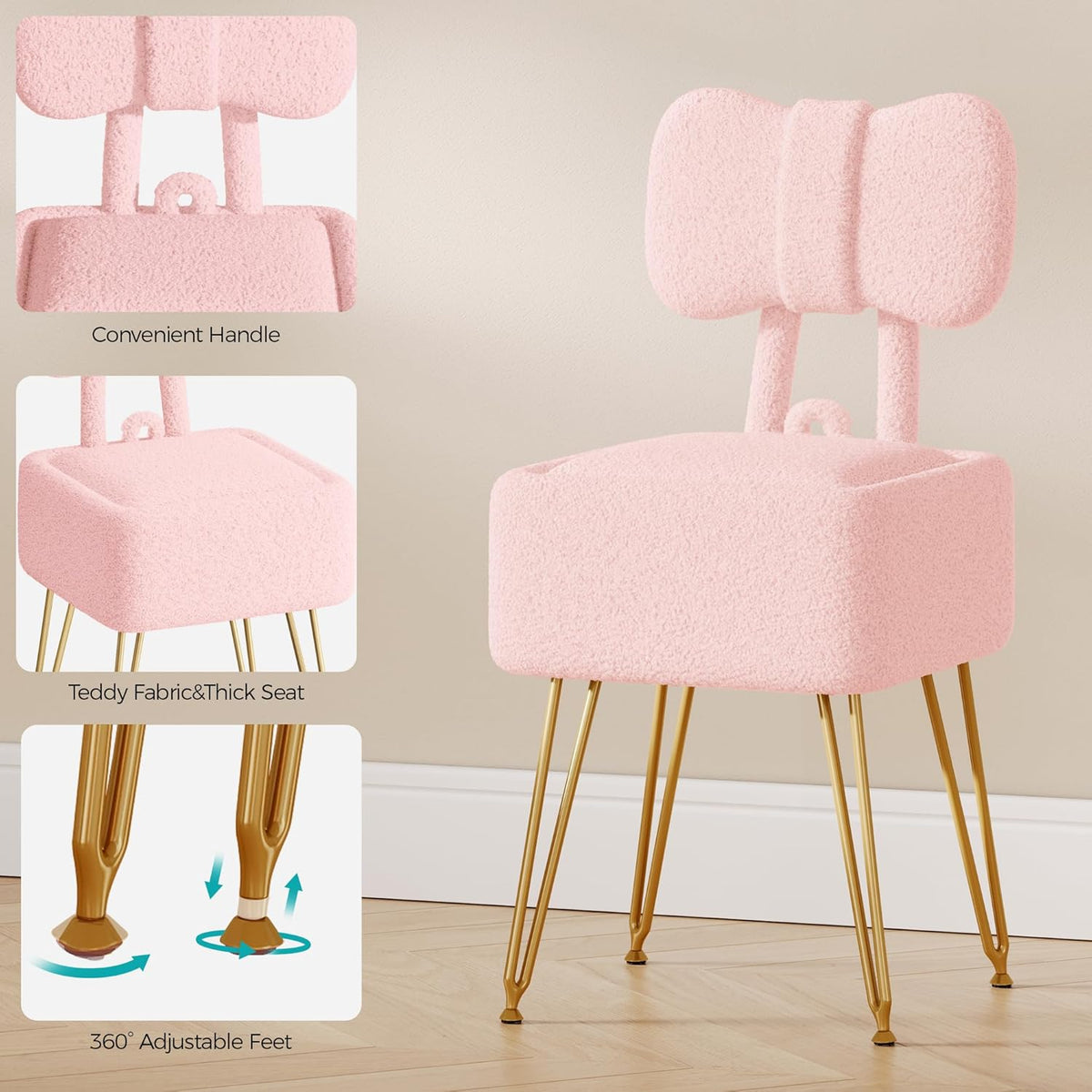 Small Vanity Stool Chair with Storage and Foldable Back, Pink | Soft Storage Ottoman, Footrest Stool, Teddy Fleece Vanity Stool for Makeup, Bedroom, Living Room