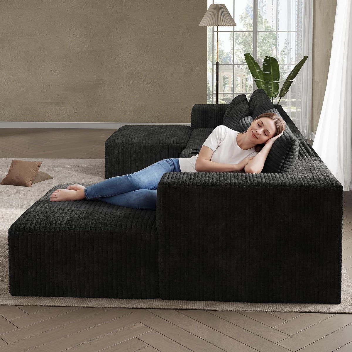 151" U Shaped Cloud Sectional Couch Modular Sofa, Comfy Oversized Couches for Living Room, Plush Corduroy Sectional Sofa Set with Ottoman Storage Console USB, Olive Dark Gray