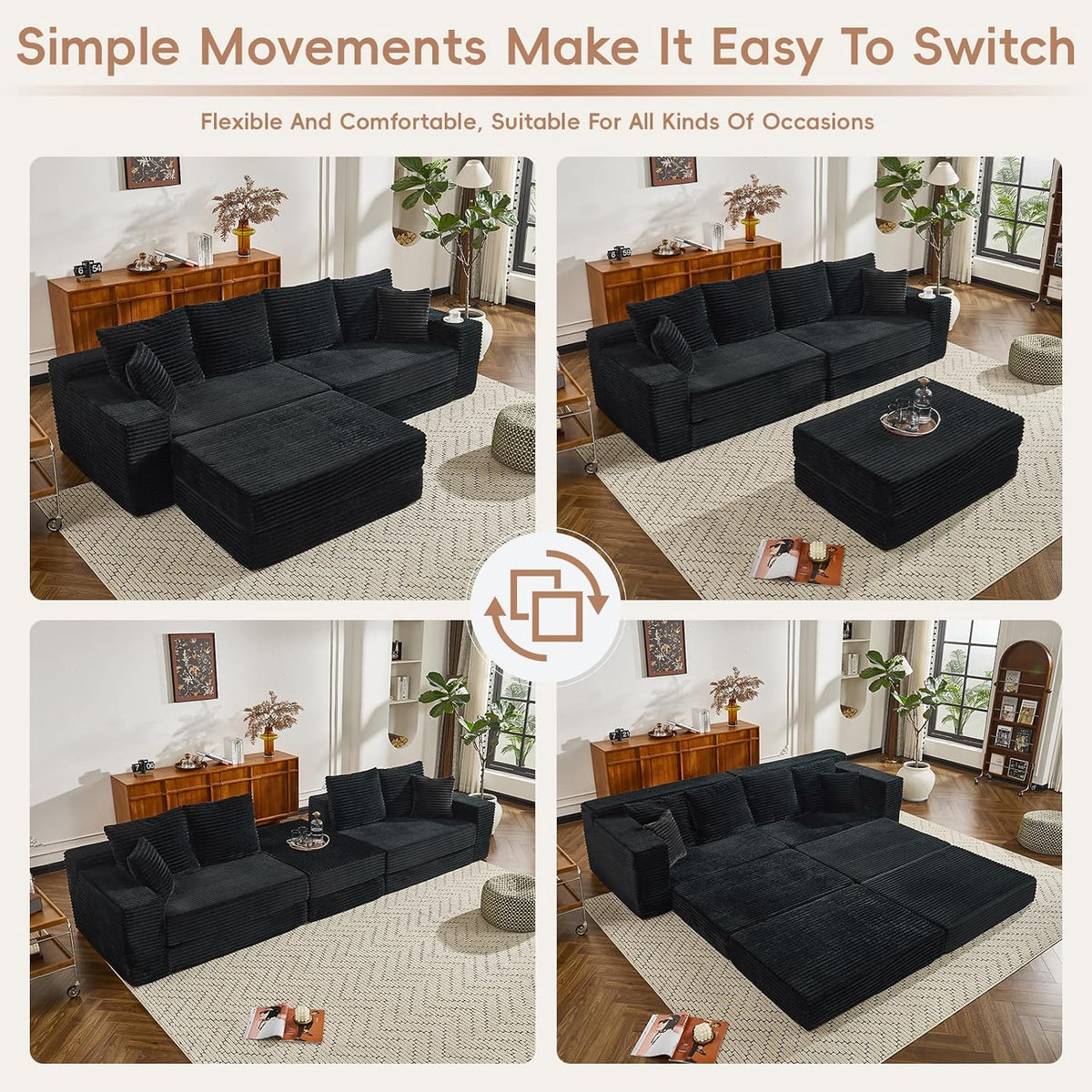 106" Modular Cloud Sofa Couch Convertible Sectional with High Density Foam, 4-in-1 Sofa Bed/Tatami/L-Shape Couch, No Assembly Required Black Couch