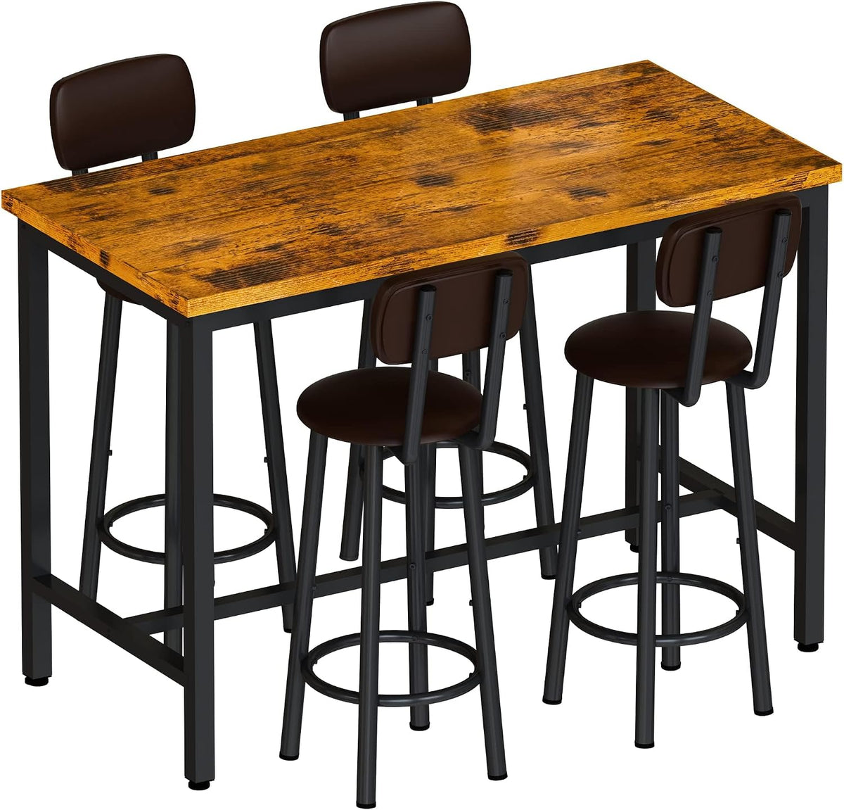 Lamerge Bar Table Set for 4 Kitchen Table and Chairs Set, Industrial Dinner Table with 4 PU Upholstered Stools Kitchen Pub Table for Kitchen, Space Saving, Restaurant (Rustic Brown and Black)