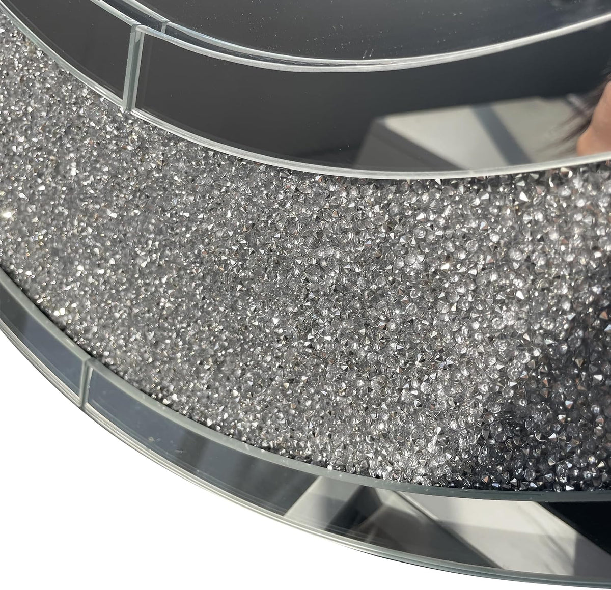 2 Piece Mirrored Console Table & Oval Wall Mirror Set, 39.5" Silver Entryway Sofa Table with Crystal-Inlaid Olive-Shape Base and Crush Diamond Round Wall Mirror Set for Entryway Hallway Entrance