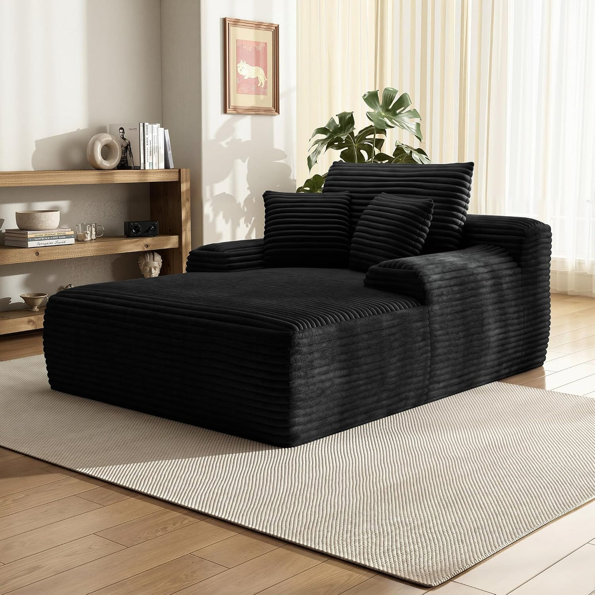 65'' Chaise Lounge Chair Indoor, Black Corduroy Sofa Bed, Lounge Chair, Oversized Sleeper Sofa, Black Corduroy Cloud Couch Reading Chair for Living Room No Assembly