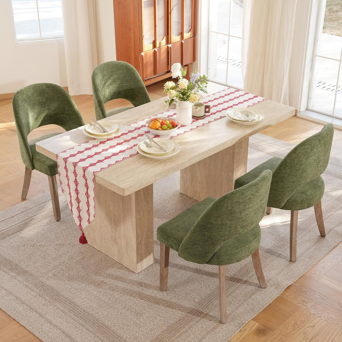 Wooden Dining Chairs Set of 2, Upholstered Modern Chenille Dining Room Chair Kitchen Chairs, Comfy Farmhouse Dinner Chair for Kitchen Dining Room, Green