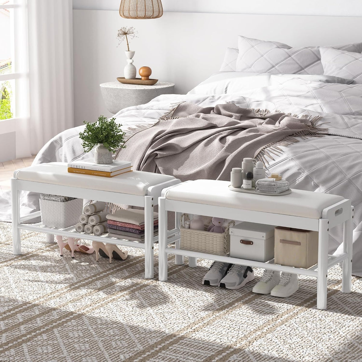 Shoe Storage Bench with Cushion - 2 Tier Shoe Rack for Front Door Entrance, Wood Shoes Rack, Entryway Bench with Shoes Storage for Closet,Hallway,Bedroom&Living Room(White, 31.5" W)