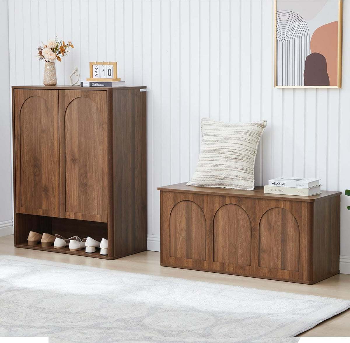 Storage Chest, 43'' Wood Storage Trunk with Flip-Top, Farmhouse Wooden Shoe Storage Bench for Hallway, Bedroom, Living Room, Walnut