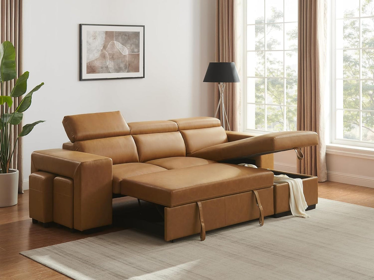 THSUPER 102'' Leather L Shaped Sectional Sleeper Sofa with Pull Out Bed, Sleeper Sectional Couch with Reversible Storage Chaise and Adjustable Headrest, Moder Leather Couches for Living Room. Brown | Breathable material