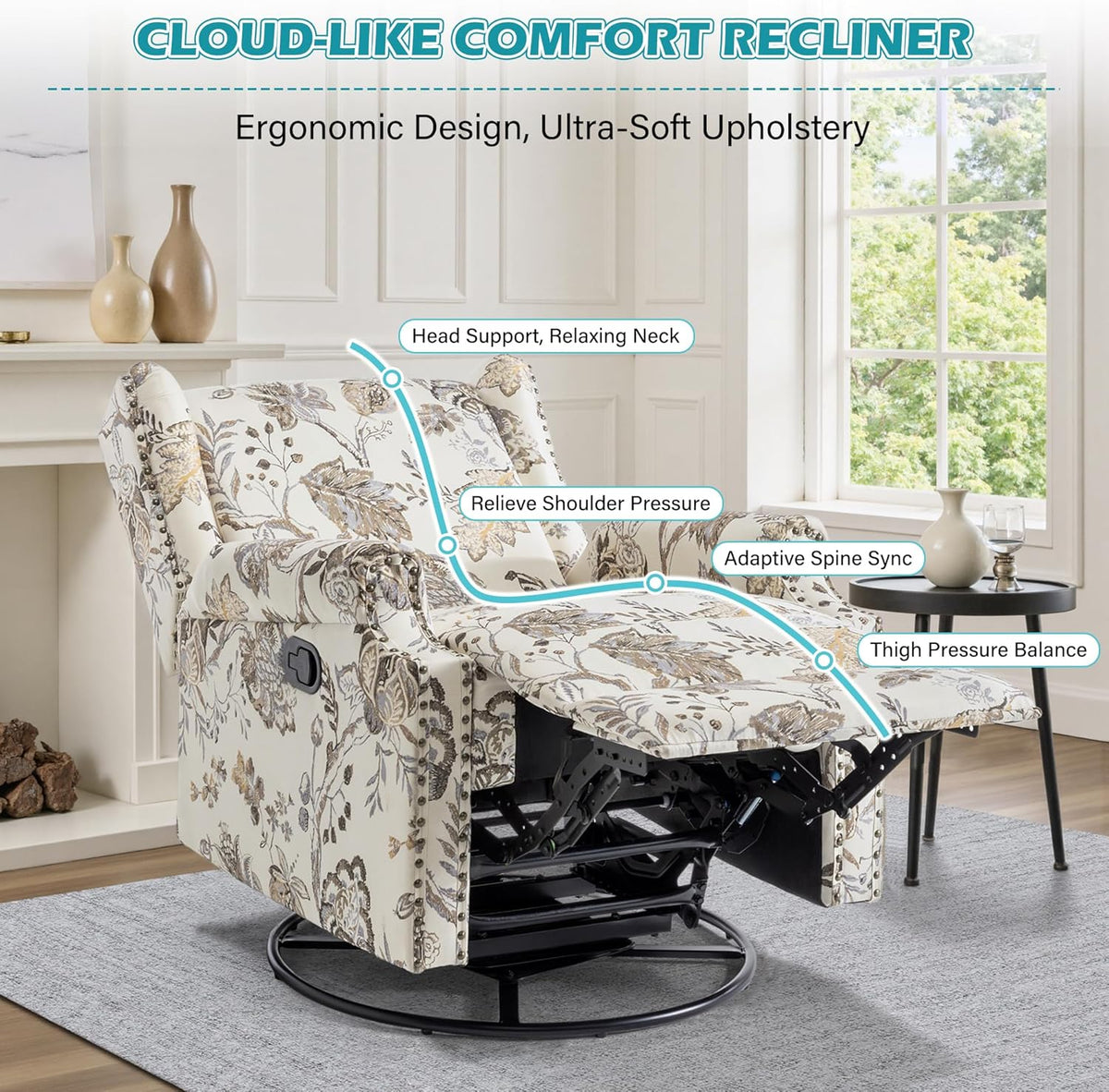 Swivel Glider Floral Recliner Chairs Set of 2, High Back Swivel Rocker Fabric Accent Chair for Living Room, Rivet Trim Upholstered Armchair Manual Sofa Seating - Beige Plants