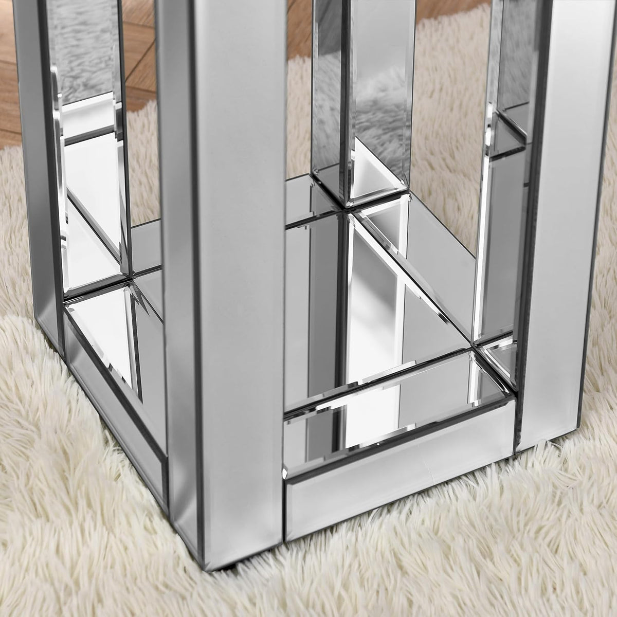 IKIFLY Mirrored Nightstand with Storage, Silver End Table with Square Tabletop, Accent Beside Table with Crushed Diamond for Living Room, Bedroom and Office