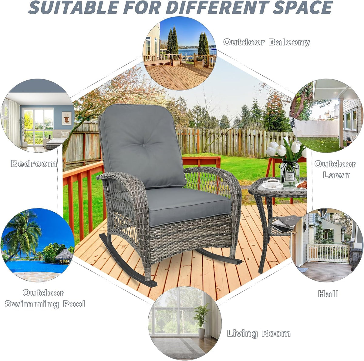 Wicker Rocking Chair, Rattan Patio Rocking Chairs, All-Weather Rocking Lawn Wicker Furniture for Porch Deck Garden Backyard(Grey),1PC